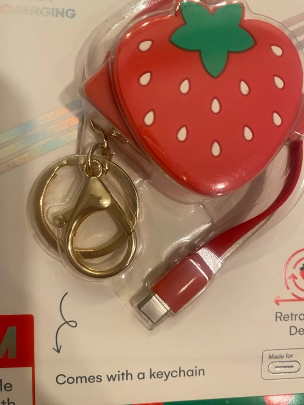 Strawberry Retractable Charging Cable USB-A to USB-C Fast Charger Cute Keychain